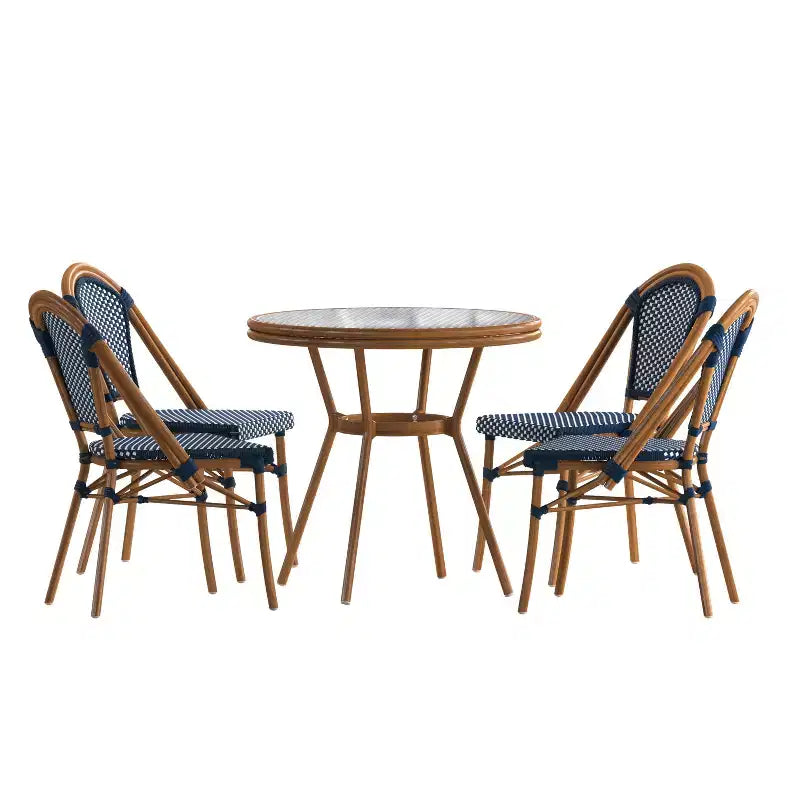 Flash Furniture Bordeaux Table de bistrot commerciale 31,5 po d'intérieur/extérieur, en rotin PE, dessus en verre avec 4 chaises empilables