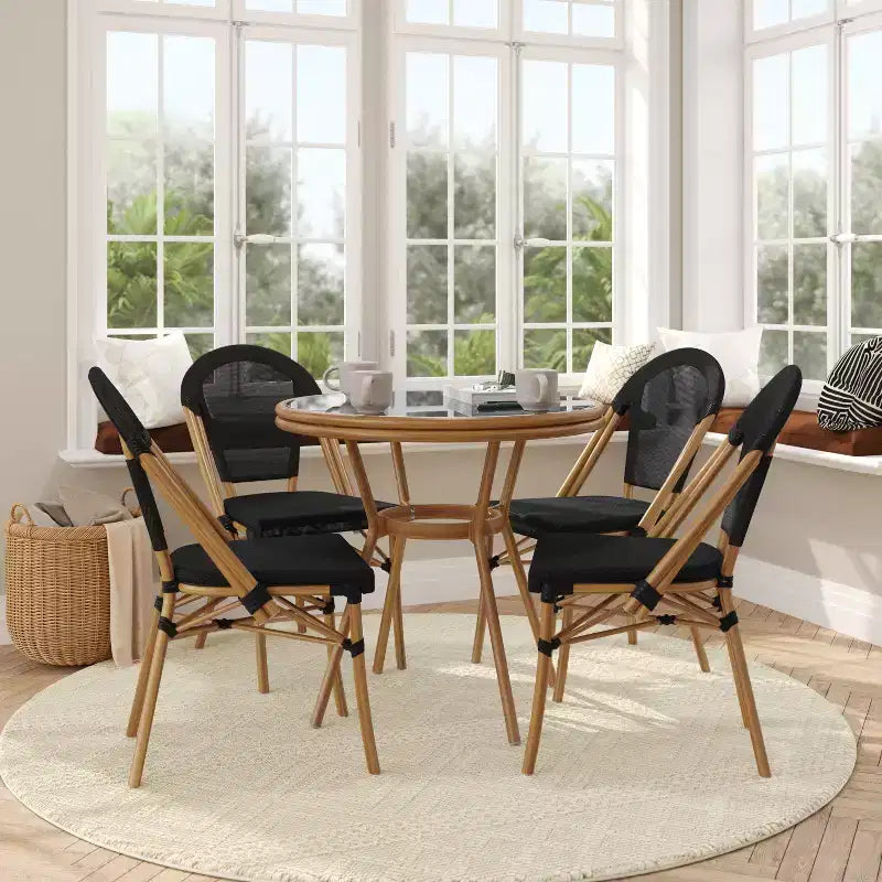Flash Furniture Marseille Ensemble de table de bistrot commerciale 31,5" intérieur/extérieur, dessus en verre avec 4 chaises empilables en textilène