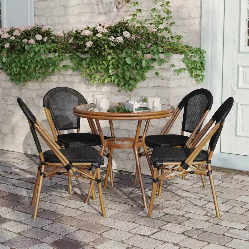 Flash Furniture Marseille Ensemble de table de bistrot commerciale 31,5" intérieur/extérieur, dessus en verre avec 4 chaises empilables en textilène
