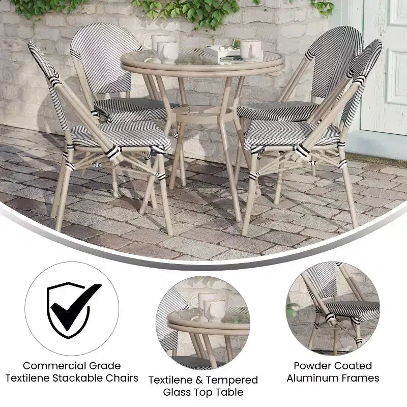 Flash Furniture Marseille Ensemble de table de bistrot commerciale 31,5" intérieur/extérieur, dessus en verre avec 4 chaises empilables en textilène