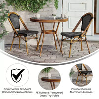 Flash Furniture Bordeaux Table de bistrot commerciale 31.5 d'intérieur/extérieur, rotin PE, plateau en verre avec 2 chaises empilables