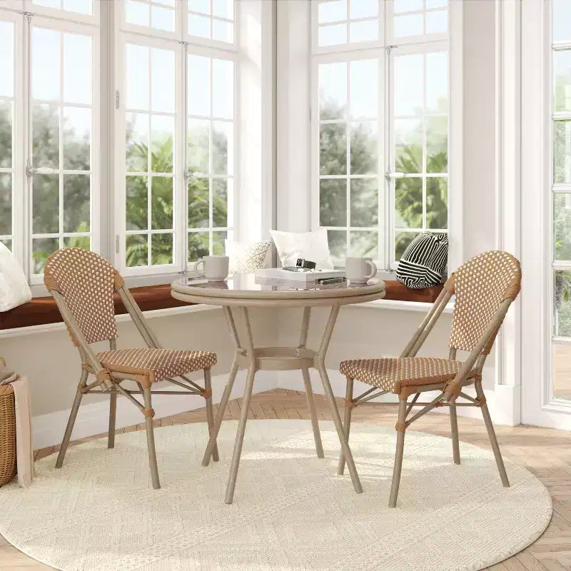 Flash Furniture Lourdes Table bistro commerciale intérieur/extérieur 31,5, en résine tressée PE, plateau en verre avec 2 chaises empilables