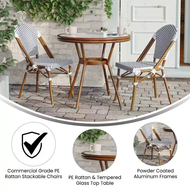 Flash Furniture Lourdes Table bistro commerciale intérieur/extérieur 31,5, en résine tressée PE, plateau en verre avec 2 chaises empilables