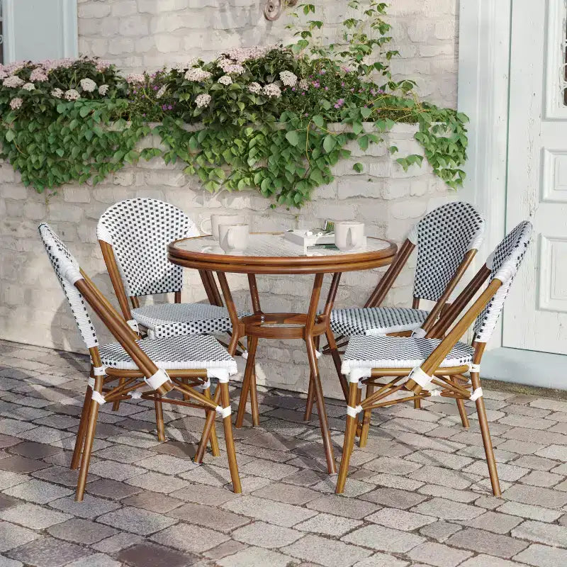Flash Furniture Lourdes Table de bistrot commerciale intérieur/extérieur 31,5 po, rotin PE, dessus en verre avec 4 chaises empilables