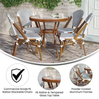 Flash Furniture Lourdes Table de bistrot commerciale intérieur/extérieur 31,5 po, rotin PE, dessus en verre avec 4 chaises empilables