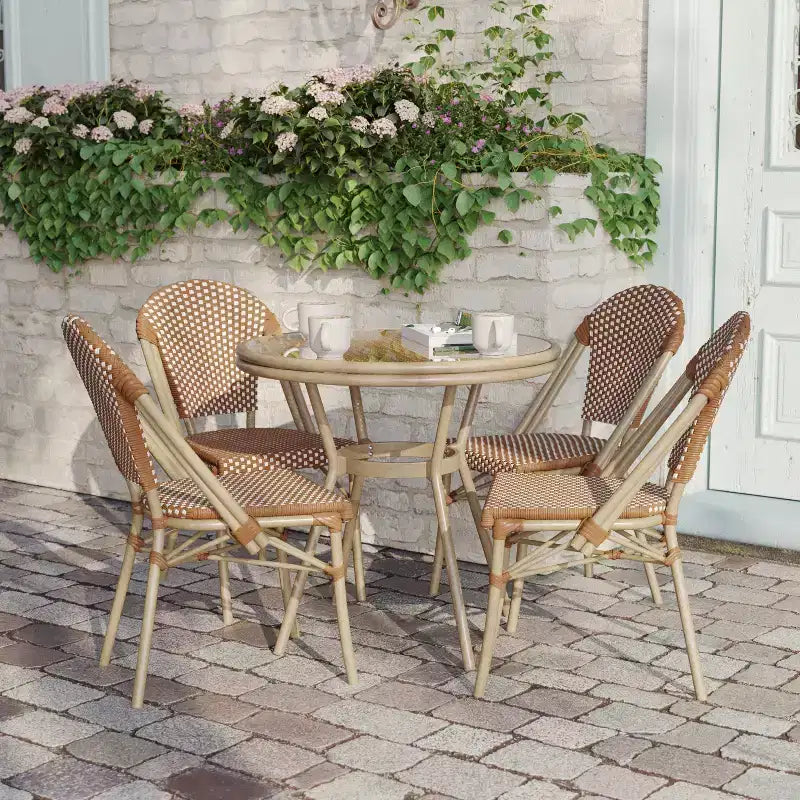 Flash Furniture Lourdes Table de bistrot commerciale intérieur/extérieur 31,5 po, rotin PE, dessus en verre avec 4 chaises empilables