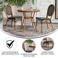 Flash Furniture Lourdes Bistro commercial d'intérieur/extérieur Table 31,5, résine tressée PE noir et blanc, plateau en verre avec 2 chaises empilables