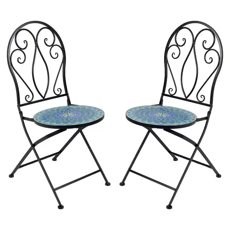 Chaise de bistro Sunnydaze en mosaïque avec cadre en fer - Multicolore - Lot de 2