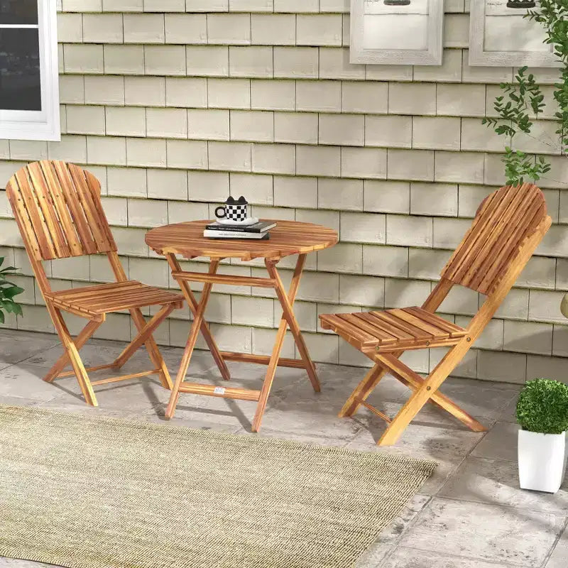 Outsunny Ensemble bistrot 3 pièces en bois d'acacia, table et chaises de bistrot pliantes, ensemble bistrot extérieur pour jardin, balcon, terrasse, véranda, finition bois naturel
