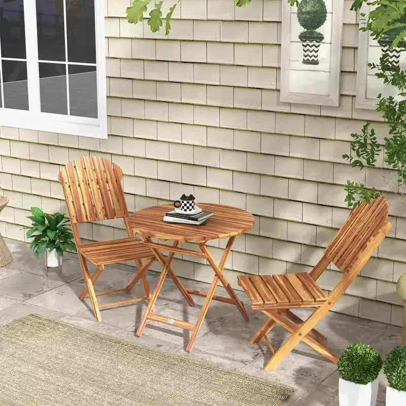 Outsunny Ensemble bistrot 3 pièces en bois d'acacia, table et chaises de bistrot pliantes, ensemble bistrot extérieur pour jardin, balcon, terrasse, véranda, finition bois naturel