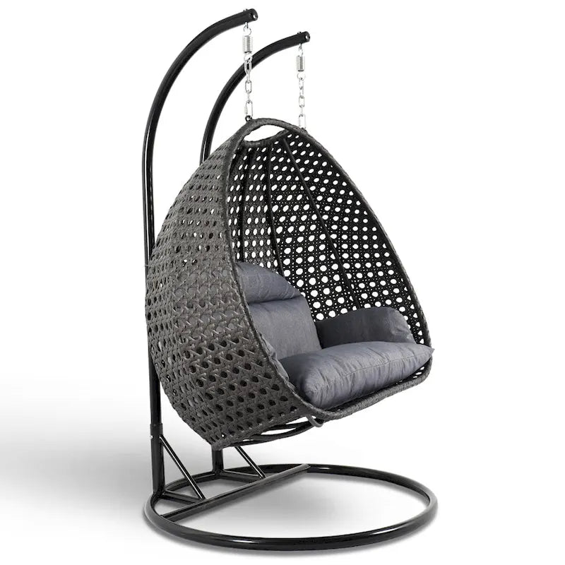 LeisureMod fauteuil œuf suspendu 2 personnes avec support - balancelle hamac d'extérieur / intérieur en rotin tressé avec coussins