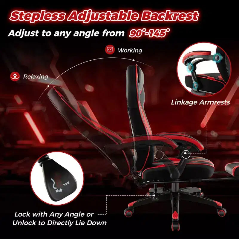 Chaise de jeu e-sport réglable Costway avec appuie-tête rembourré, support lombaire bleu/noir/gris/rouge
