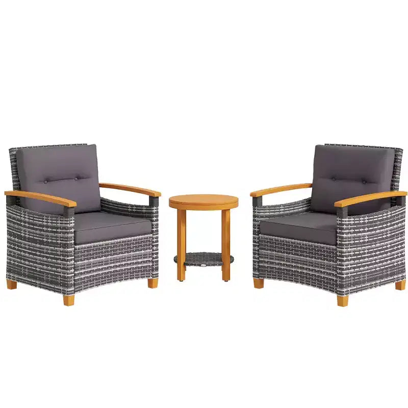 Outsunny Ensemble de Bistro 3 Pièces en Bois avec Coussins, Meubles de Jardin en Rotin PE pour Porche, Cour, Jardin, Gris