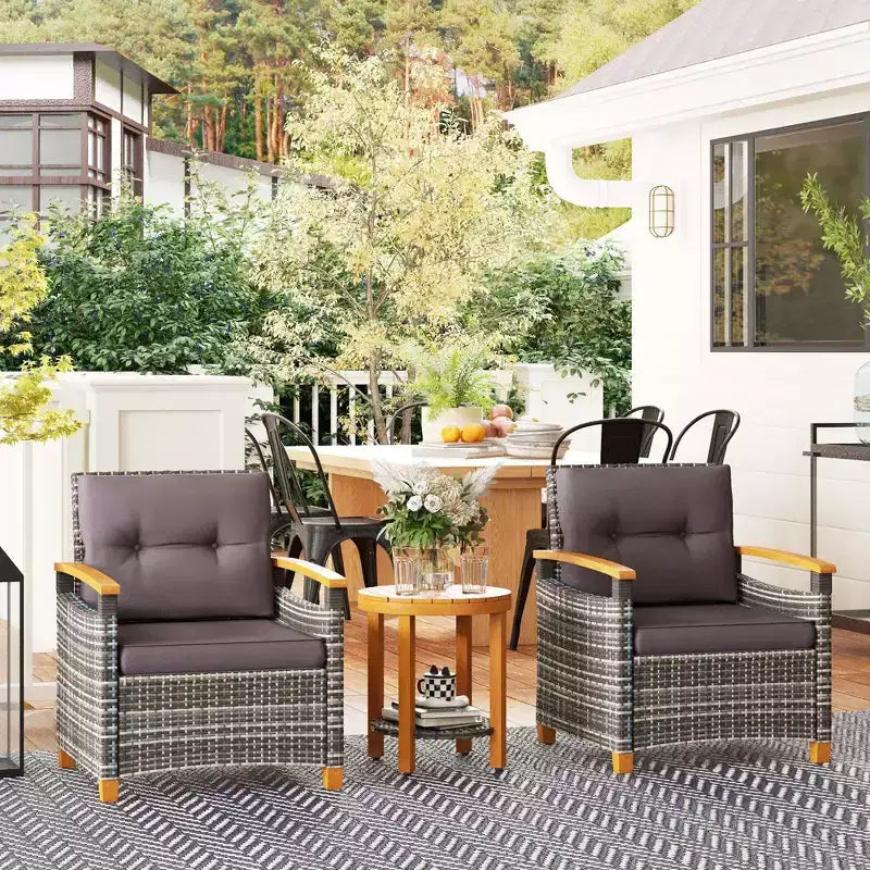 Outsunny Ensemble de Bistro 3 Pièces en Bois avec Coussins, Meubles de Jardin en Rotin PE pour Porche, Cour, Jardin, Gris