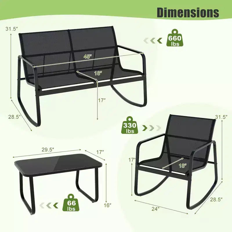Costway Ensemble à bascule de terrasse 4/8 pièces, 4 chaises à bascule et 2 causeuses avec table à plateau en verre, extérieur, Noir