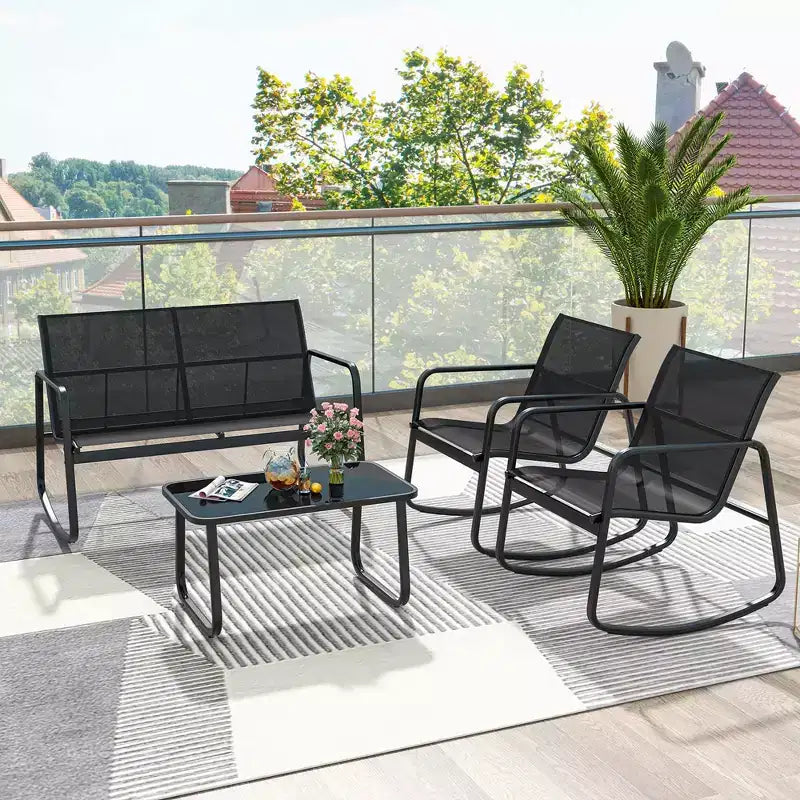 Costway Ensemble à bascule de terrasse 4/8 pièces, 4 chaises à bascule et 2 causeuses avec table à plateau en verre, extérieur, Noir