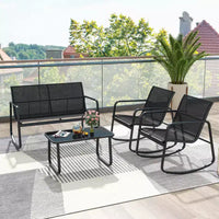 Costway Ensemble à bascule de terrasse 4/8 pièces, 4 chaises à bascule et 2 causeuses avec table à plateau en verre, extérieur, Noir