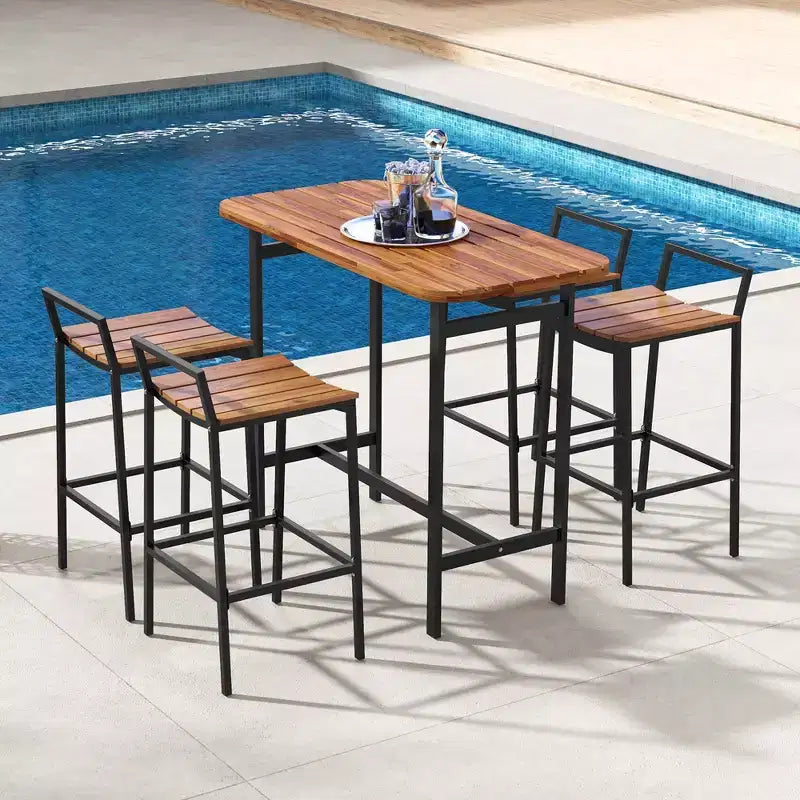 Costway Ensemble table et chaises de bar 5 pièces en bois d'acacia avec cadre en métal pour l'extérieur