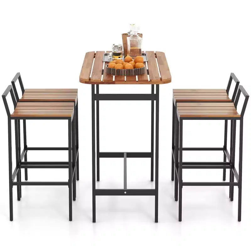 Costway Ensemble table et chaises de bar 5 pièces en bois d'acacia avec cadre en métal pour l'extérieur