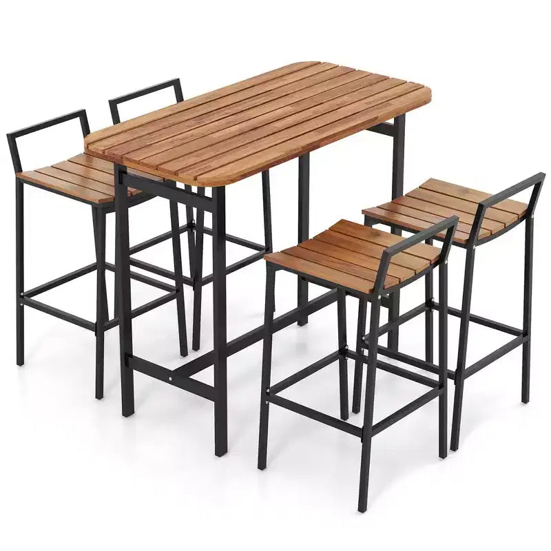 Costway Ensemble table et chaises de bar 5 pièces en bois d'acacia avec cadre en métal pour l'extérieur