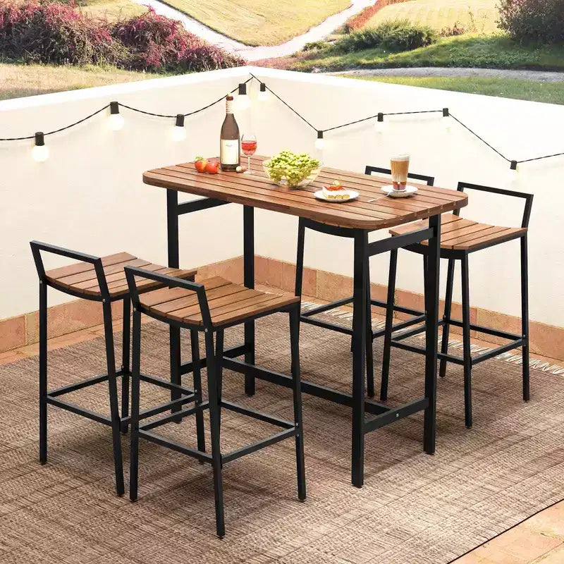 Costway Ensemble table et chaises de bar 5 pièces en bois d'acacia avec cadre en métal pour l'extérieur