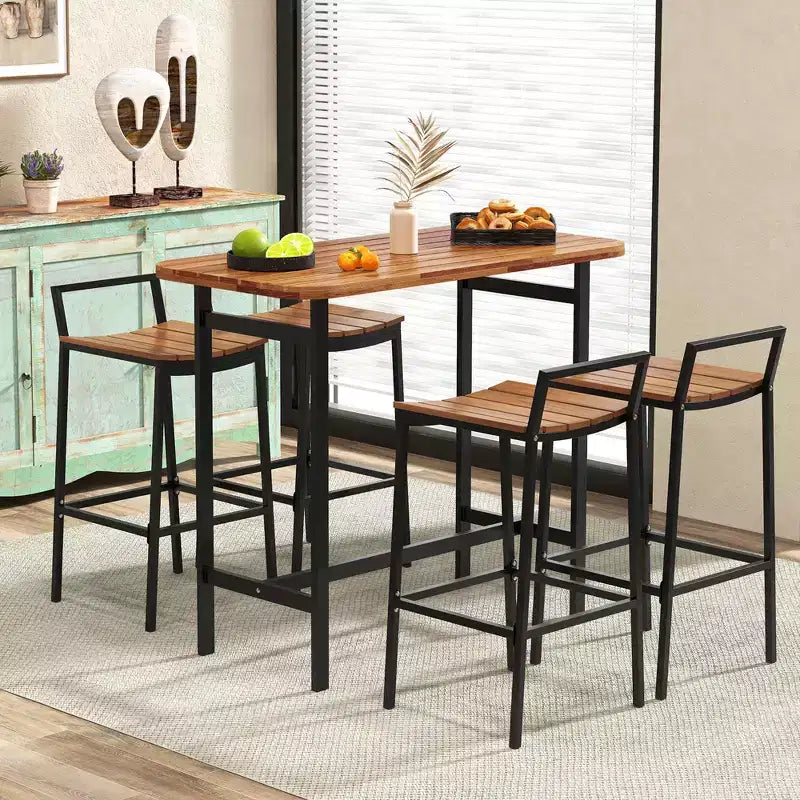 Costway Ensemble table et chaises de bar 5 pièces en bois d'acacia avec cadre en métal pour l'extérieur