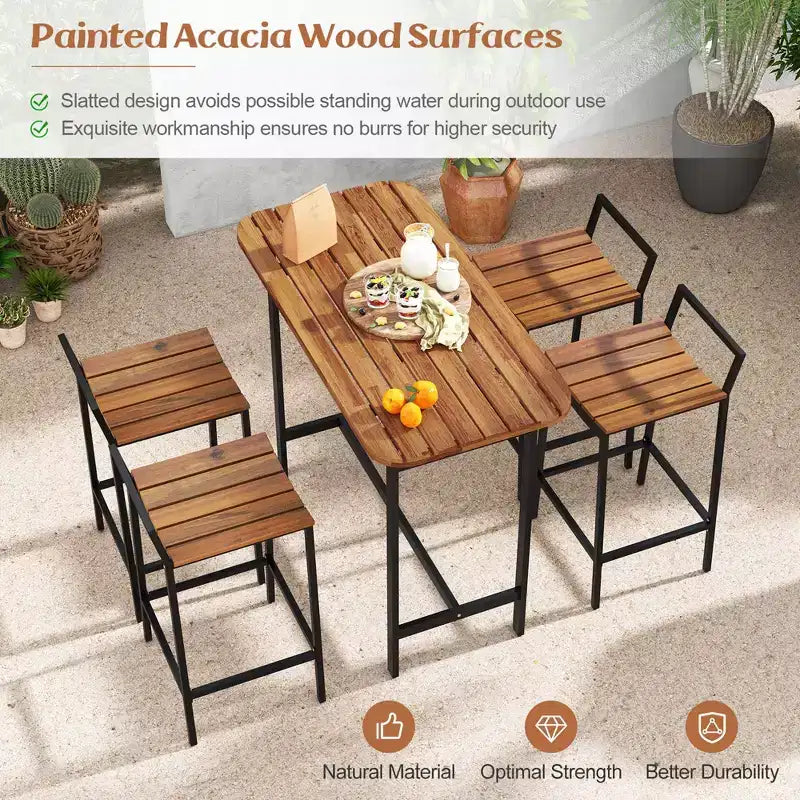 Costway Ensemble table et chaises de bar 5 pièces en bois d'acacia avec cadre en métal pour l'extérieur