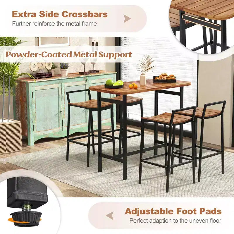 Costway Ensemble table et chaises de bar 5 pièces en bois d'acacia avec cadre en métal pour l'extérieur