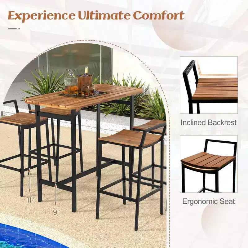 Costway Ensemble table et chaises de bar 5 pièces en bois d'acacia avec cadre en métal pour l'extérieur