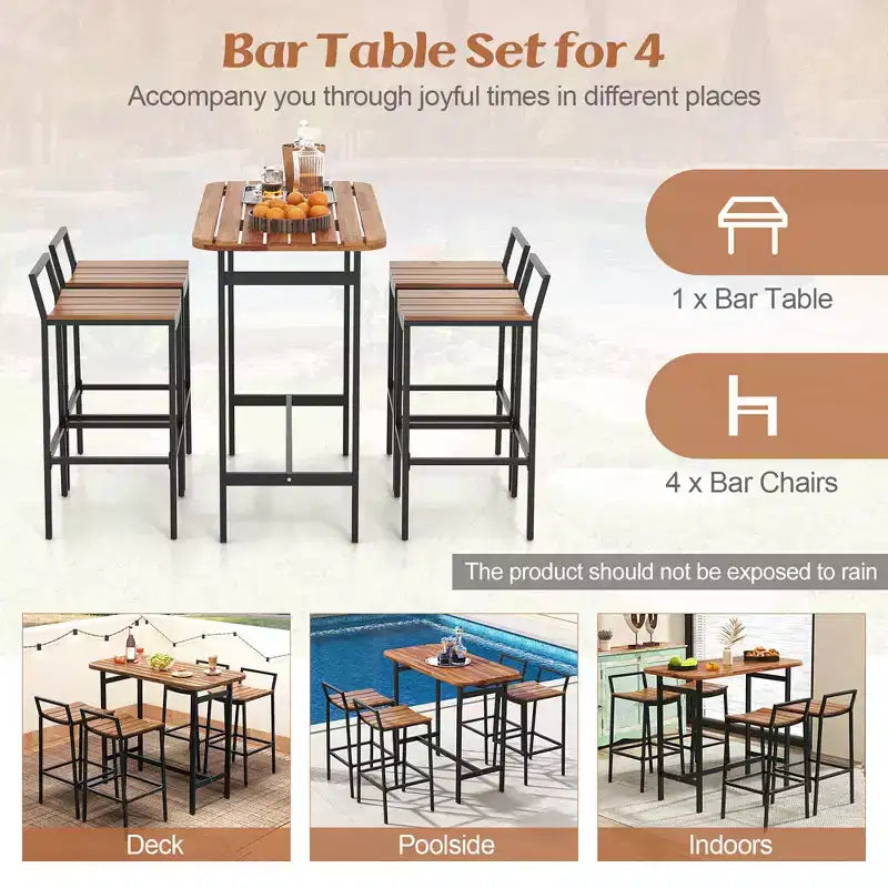 Costway Ensemble table et chaises de bar 5 pièces en bois d'acacia avec cadre en métal pour l'extérieur