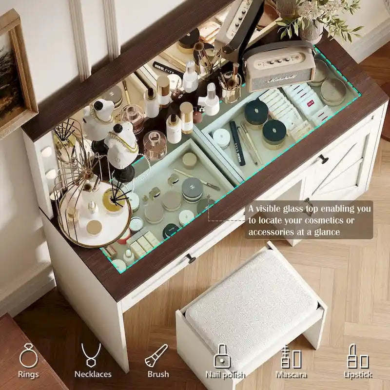 Roomfitters Coiffeuse de maquillage fermette avec éclairage, bureau coiffeuse avec porte de grange, table de maquillage 2 tiroirs avec miroir éclairé