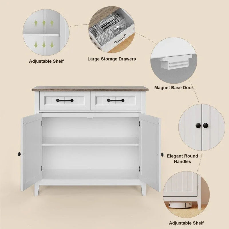 Buffet de rangement de cuisine avec 2 tiroirs, meuble de bar à café, armoire d'entrée en bois avec double porte placard