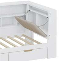 Canapé lit de jour en bois en forme de L avec bureau, bibliothèque, lit d'angle avec tiroirs sous le lit, tête de lit tapissée et éclairage intégré