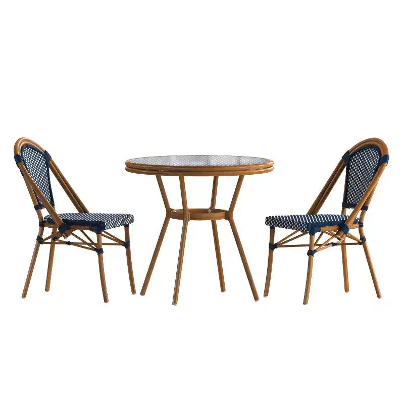 Emma & Oliver Soie Indoor/Outdoor Bistro Style 31.5 in. Table with PE Rattan, Glass Top, and Two Chairs - Metal Frame