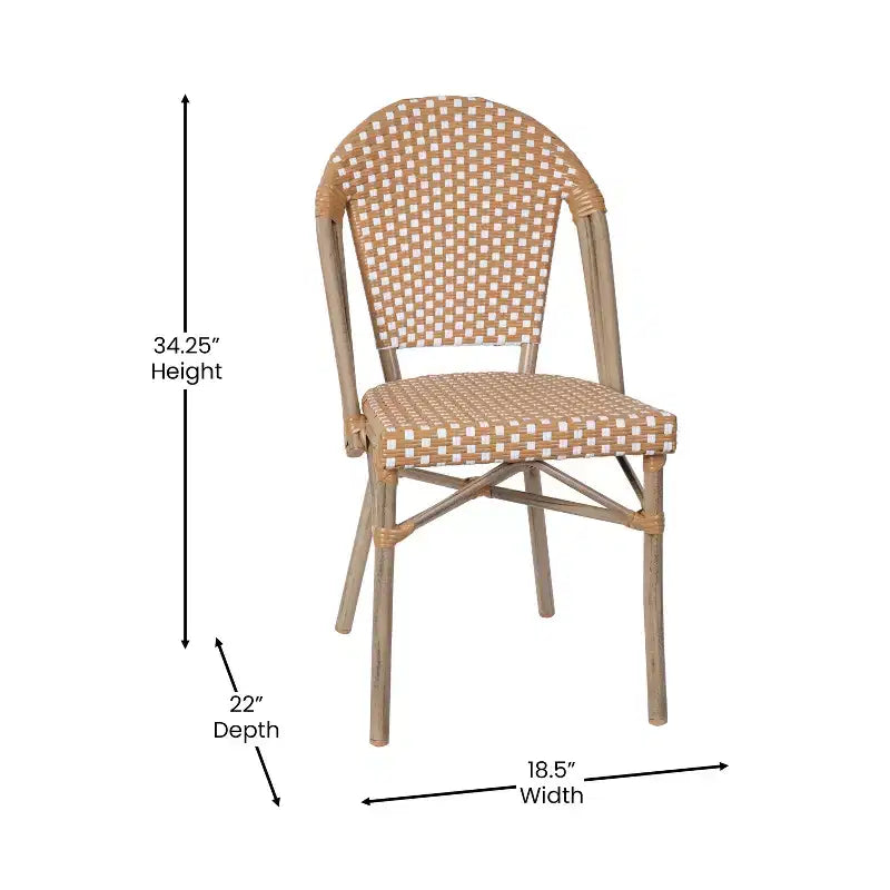 Table de style bistrot Celia Merrick Lane avec plateau en verre, rotin PE, 2 chaises empilables et cadre en métal finition bambou pour utilisation intérieure/extérieure