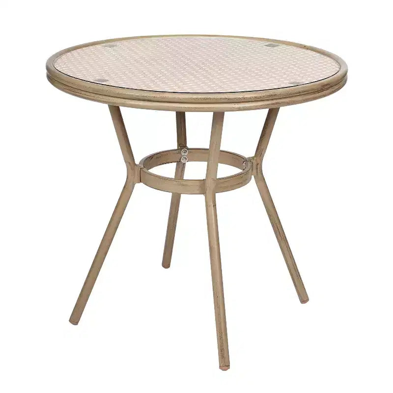 Table de style bistrot Celia Merrick Lane avec plateau en verre, rotin PE, 2 chaises empilables et cadre en métal finition bambou pour utilisation intérieure/extérieure