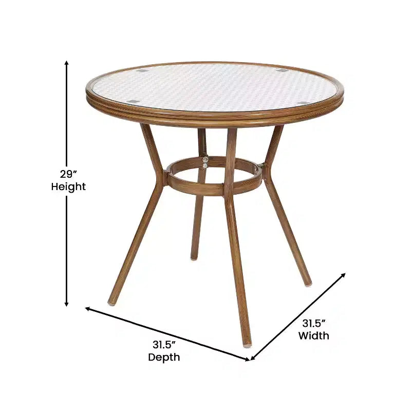 Merrick Lane Celia Table style bistro avec plateau en verre, résine tressée PE, 4 chaises empilables et cadre en métal finition bambou pour usage intérieur/extérieur