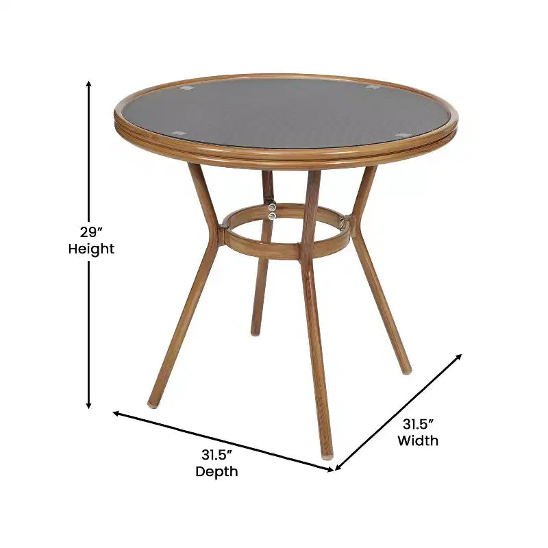 Merrick Lane Table de style bistrot Mael avec plateau en verre, textilène, 2 chaises empilables et cadre en métal finition bambou pour utilisation intérieure/extérieure