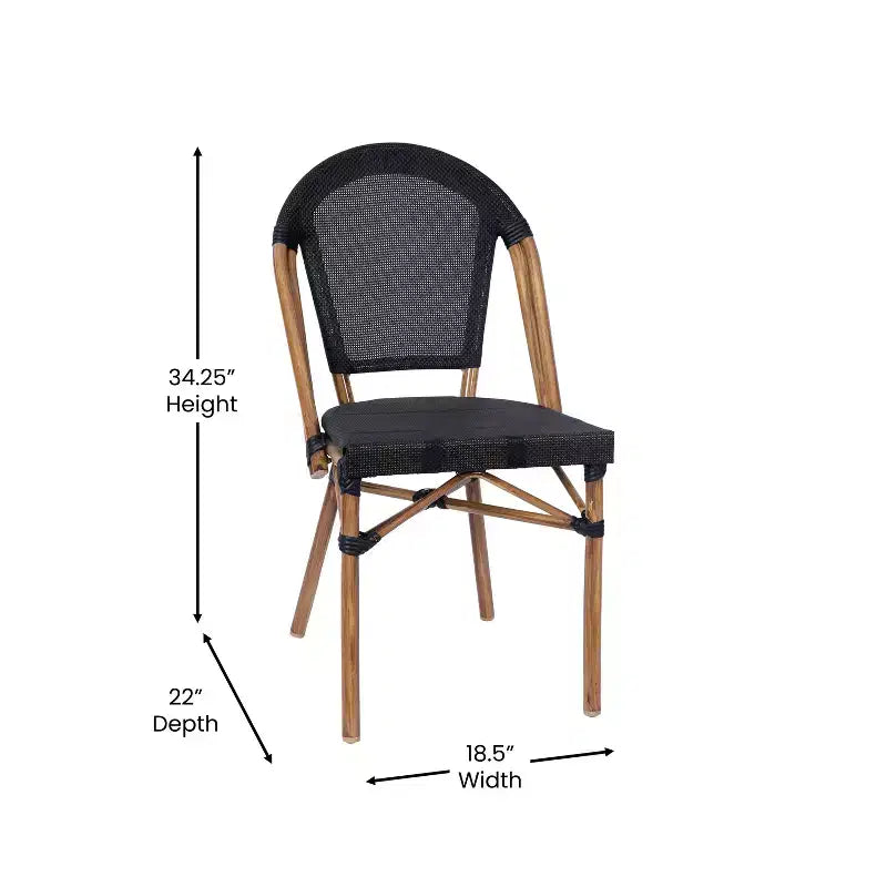 Merrick Lane Table de style bistrot Mael avec plateau en verre, textilène, 2 chaises empilables et cadre en métal finition bambou pour utilisation intérieure/extérieure