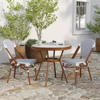 Merrick Lane Table de style bistrot Mael avec plateau en verre, textilène, 2 chaises empilables et cadre en métal finition bambou pour utilisation intérieure/extérieure