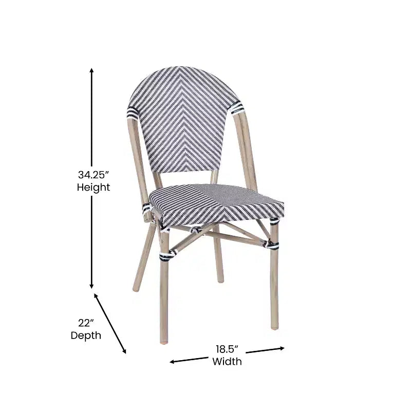 Merrick Lane Table de style bistrot Mael avec plateau en verre, textilène, 2 chaises empilables et cadre en métal finition bambou pour utilisation intérieure/extérieure