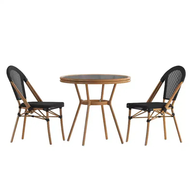 Merrick Lane Table de style bistrot Mael avec plateau en verre, textilène, 2 chaises empilables et cadre en métal finition bambou pour utilisation intérieure/extérieure