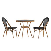 Merrick Lane Table de style bistrot Mael avec plateau en verre, textilène, 2 chaises empilables et cadre en métal finition bambou pour utilisation intérieure/extérieure