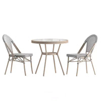 Merrick Lane Mael Bistro Style Table with Glass Top, Textilene, 2 Stack Chairs, and Bamboo Finished Metal Frame for Indoor/Outdoor Use