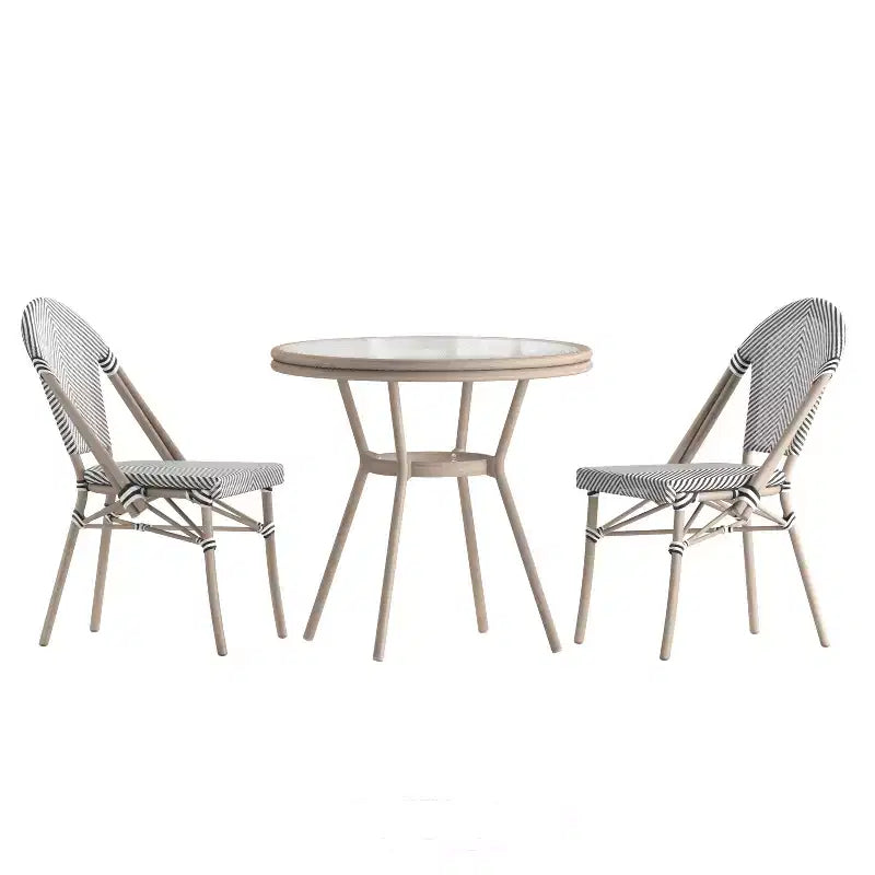 Merrick Lane Mael Bistro Style Table with Glass Top, Textilene, 2 Stack Chairs, and Bamboo Finished Metal Frame for Indoor/Outdoor Use