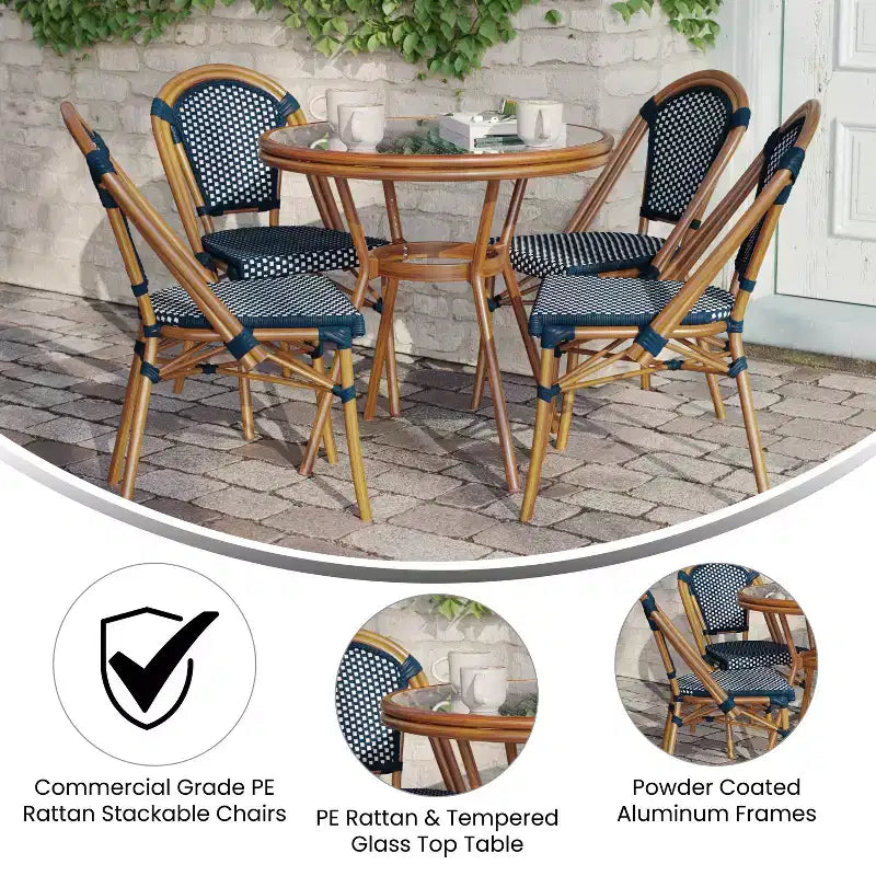 Table de bistrot Emma & Oliver Soie pour l'intérieur et l'extérieur de 80 cm avec rotin en PE, plateau en verre et quatre chaises - Cadre en métal