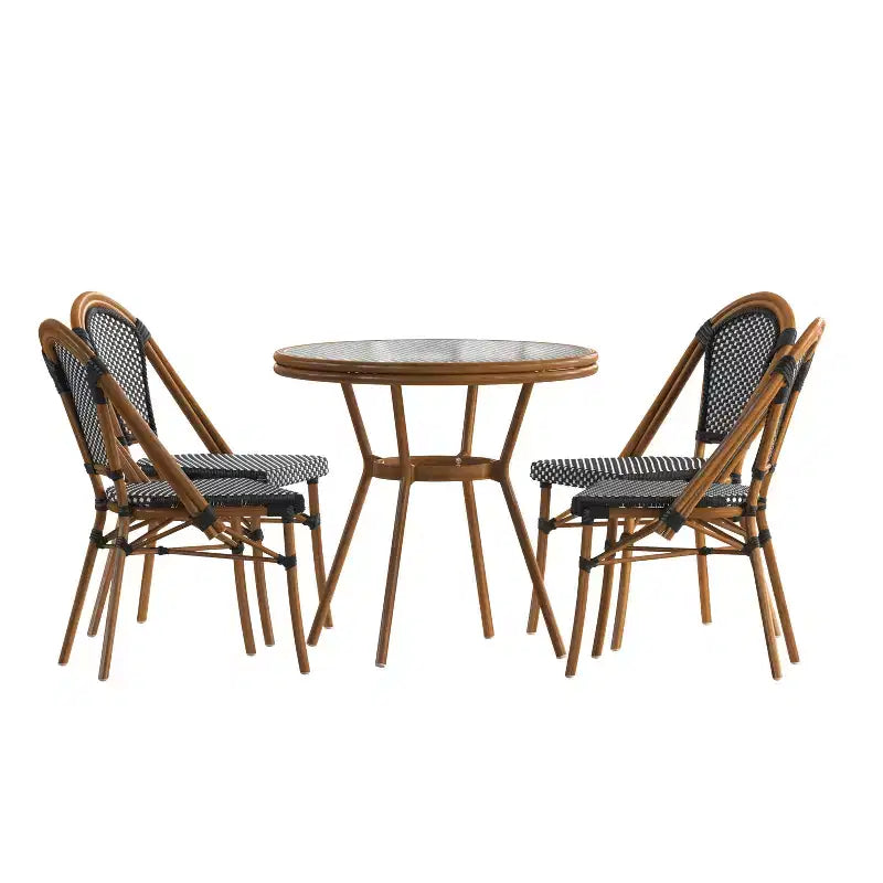 Table de bistrot Emma & Oliver Soie pour l'intérieur et l'extérieur de 80 cm avec rotin en PE, plateau en verre et quatre chaises - Cadre en métal