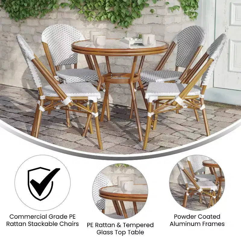 Emma & Oliver Colmar Table de bistro intérieure/extérieure de 80 cm avec rotin PE, plateau en verre et quatre chaises - Cadre en métal