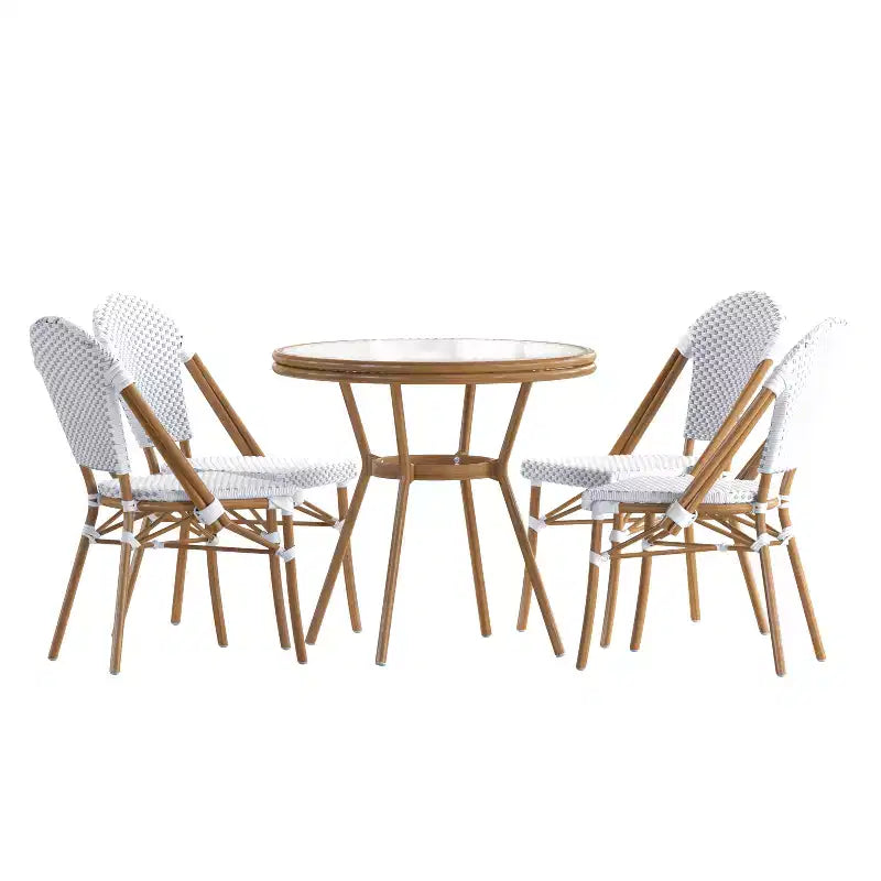 Emma & Oliver Colmar Table de bistro intérieure/extérieure de 80 cm avec rotin PE, plateau en verre et quatre chaises - Cadre en métal