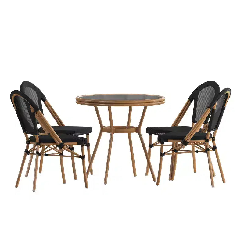 Merrick Lane Mael Bistro Style Table with Glass Top, Textilene, 4 Stack Chairs, and Bamboo Finished Metal Frame for Indoor/Outdoor Use